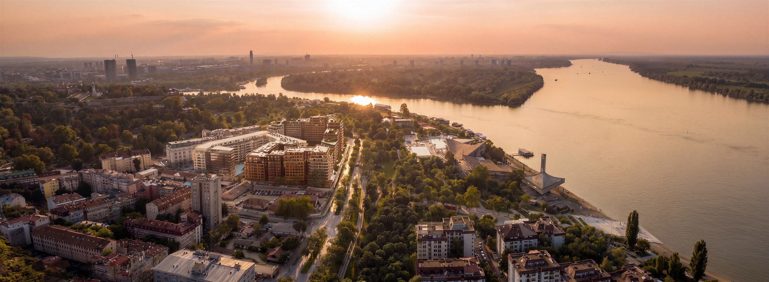 K District — riverside district from the air at sunrise