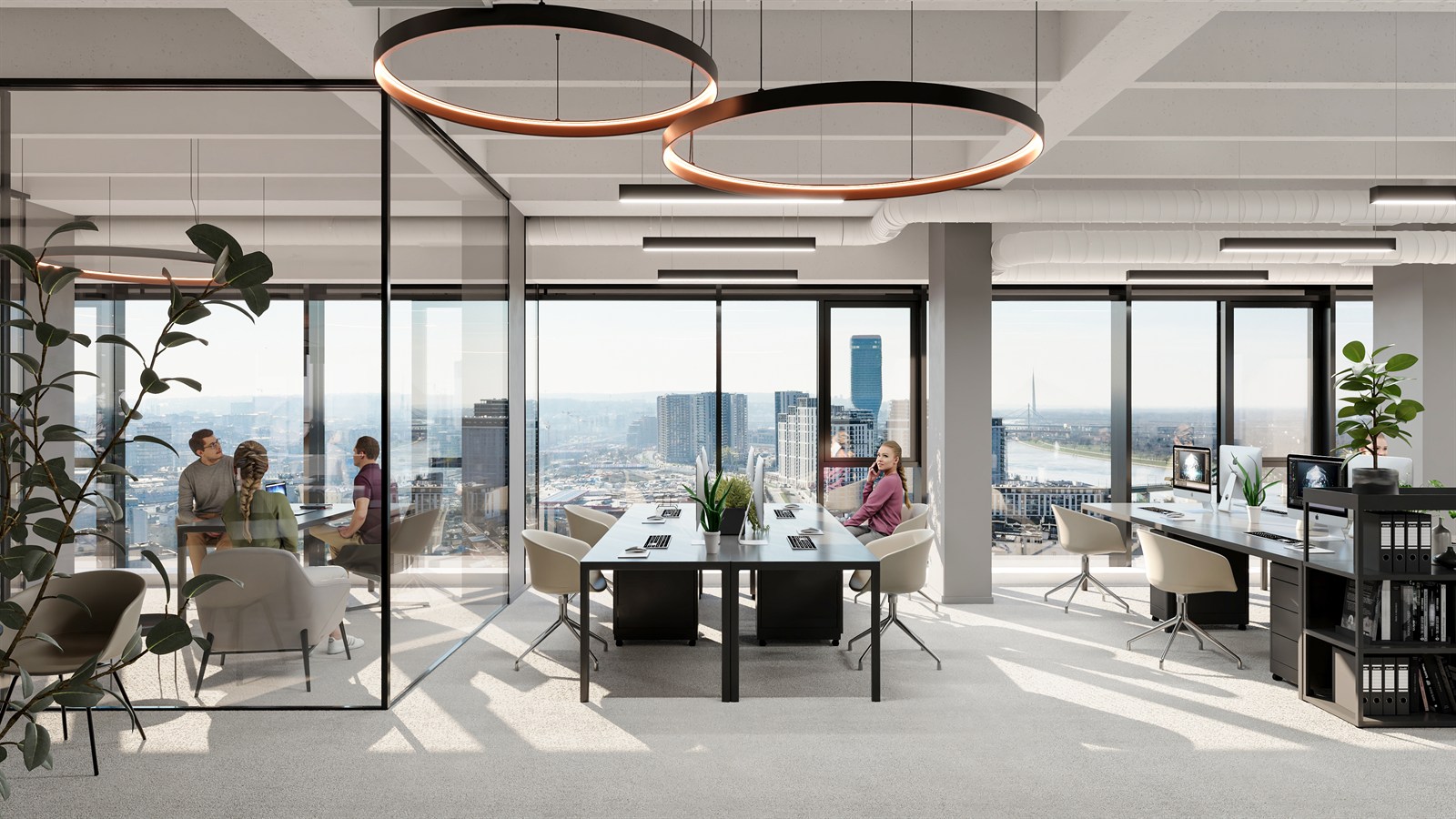 Open-plan office with ring pendants and panoramic river view
