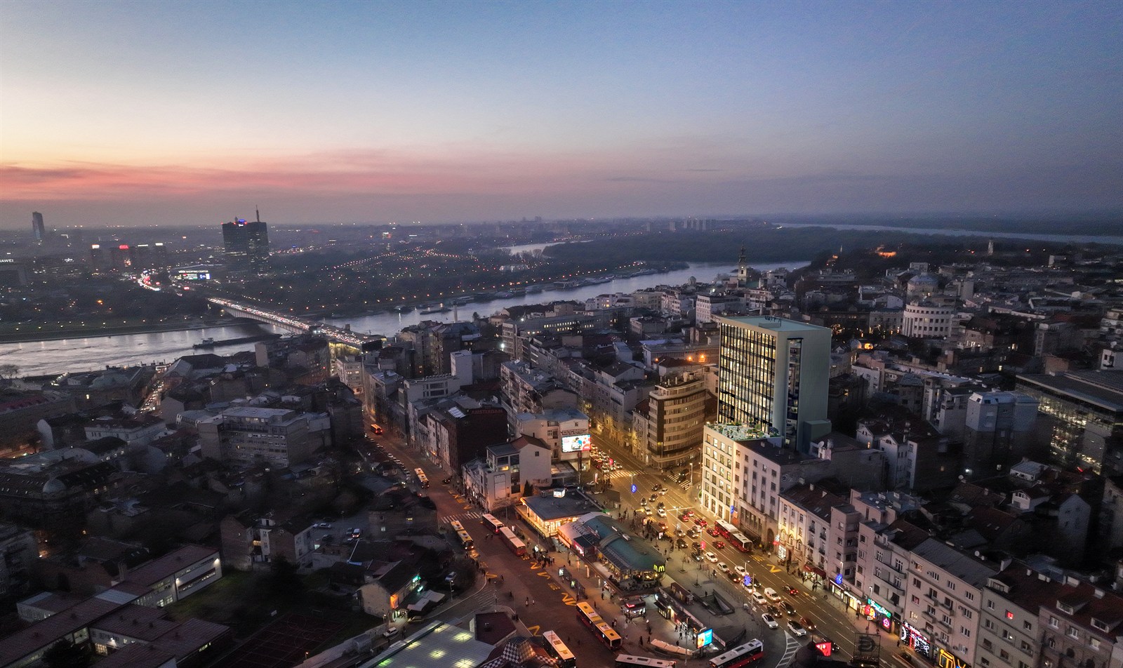 Aerial dusk view of Belgrade with the tower above Zeleni Venac