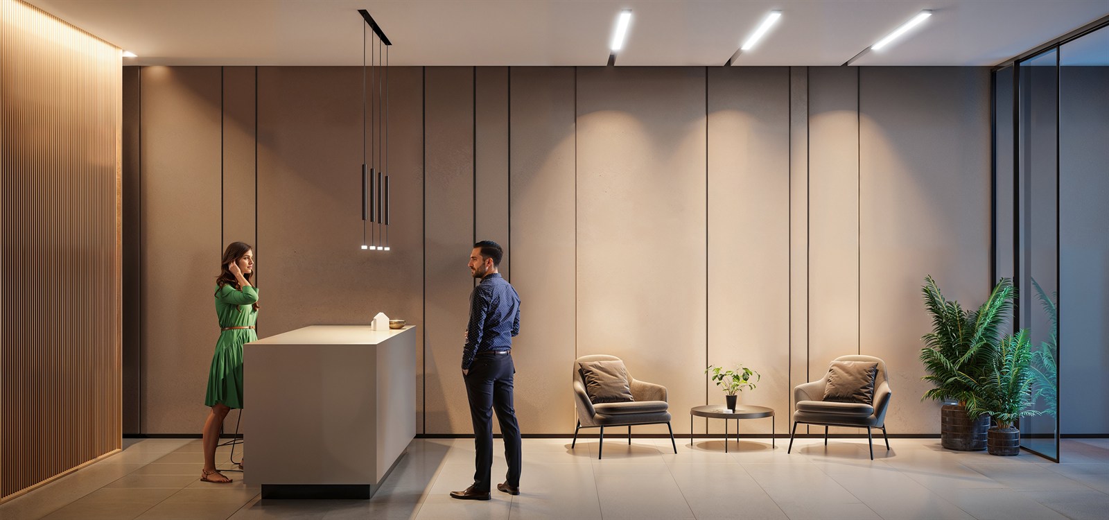 Reception desk with two people, warm timber wall and linear lighting