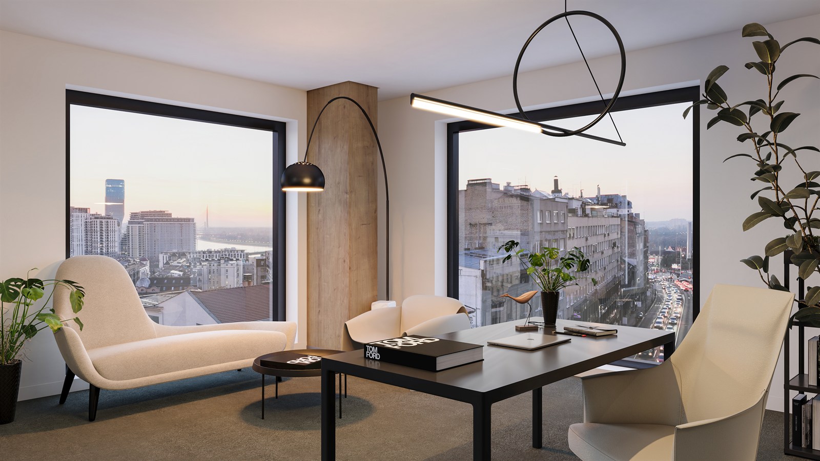 Corner executive office with dual city windows at dusk
