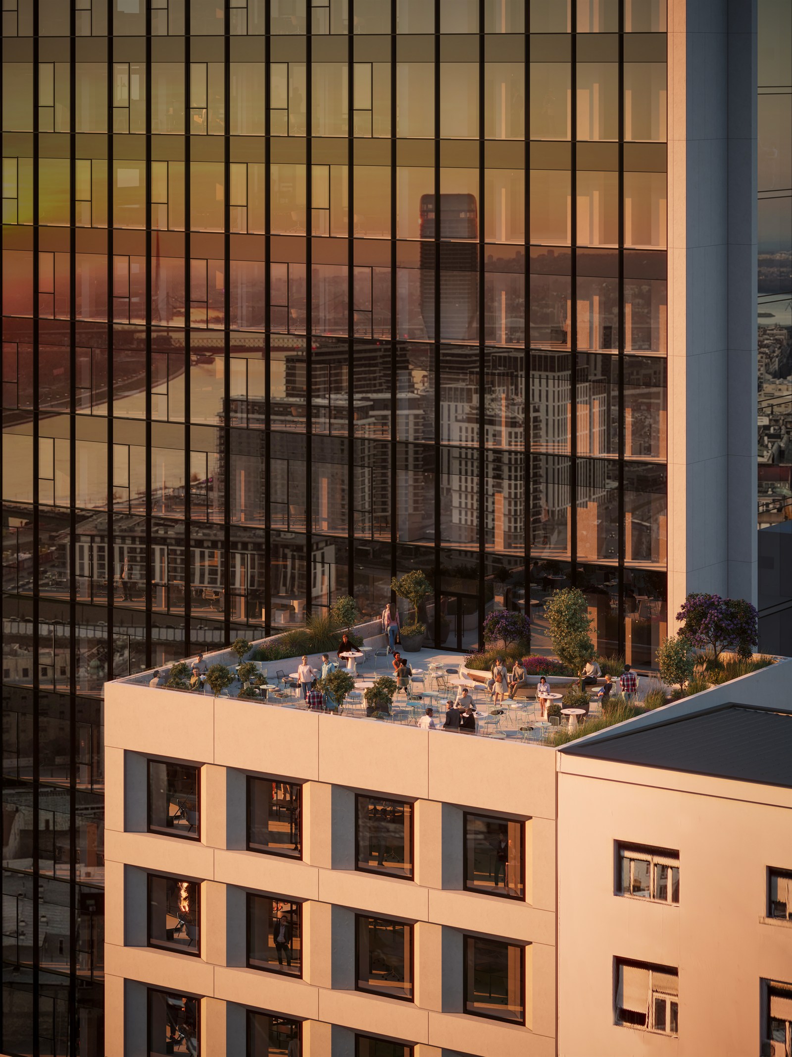 Brankov — the sixth-floor terrace at sunset over Belgrade
