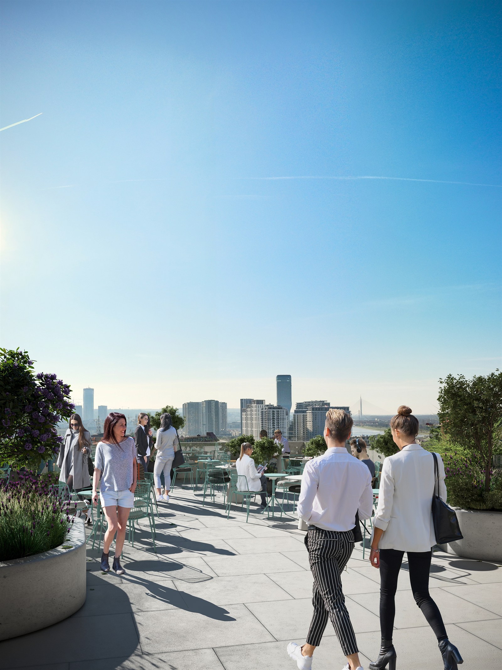 Tenants on the planted roof terrace, Belgrade skyline beyond