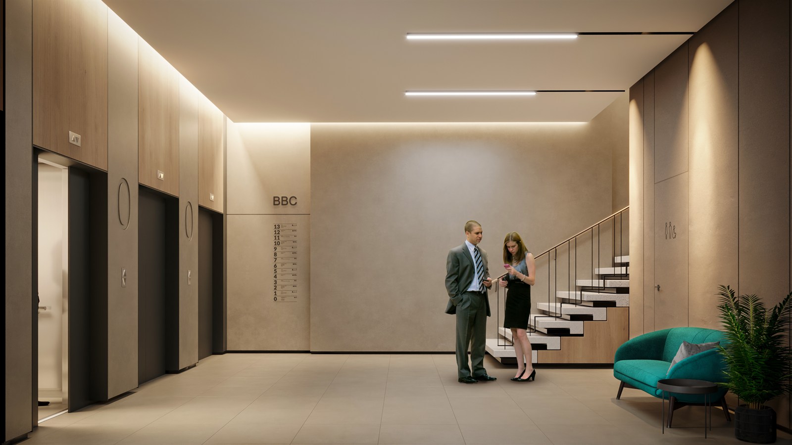 Lift lobby with signage and floor directory, two people talking
