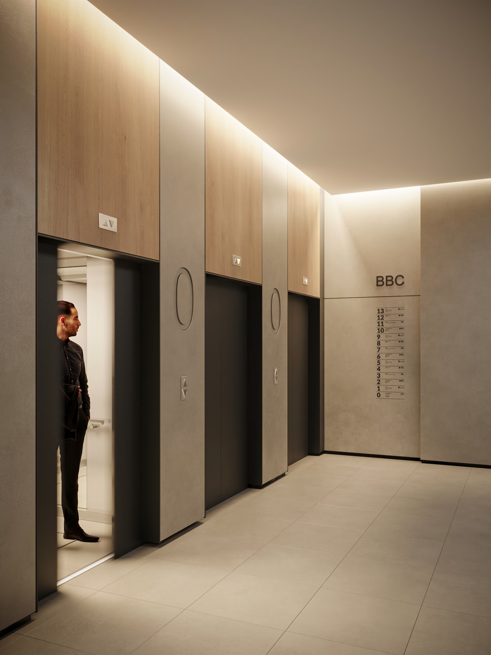 Lift core in warm oak and concrete, a man stepping into the cabin