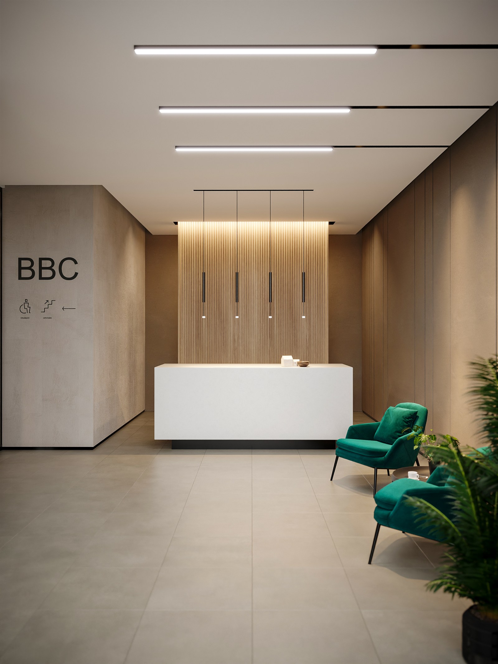 Reception hall with fluted timber wall and emerald lounge chairs