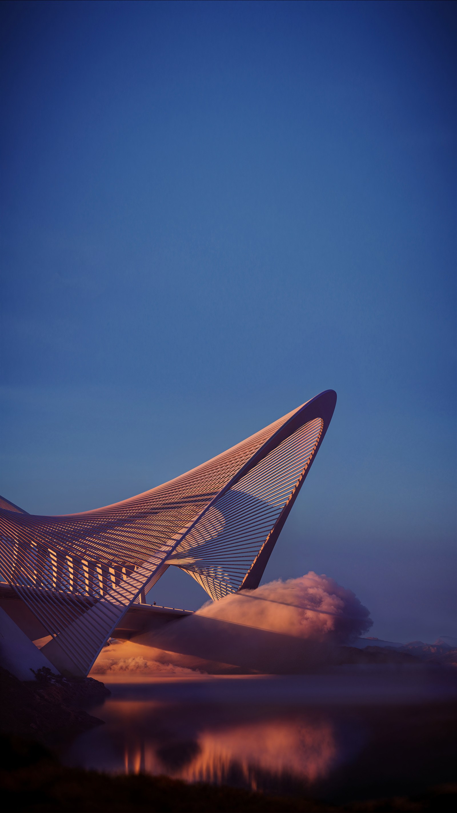 D2 Bridge — the competition image: cable bridge above mist at dusk