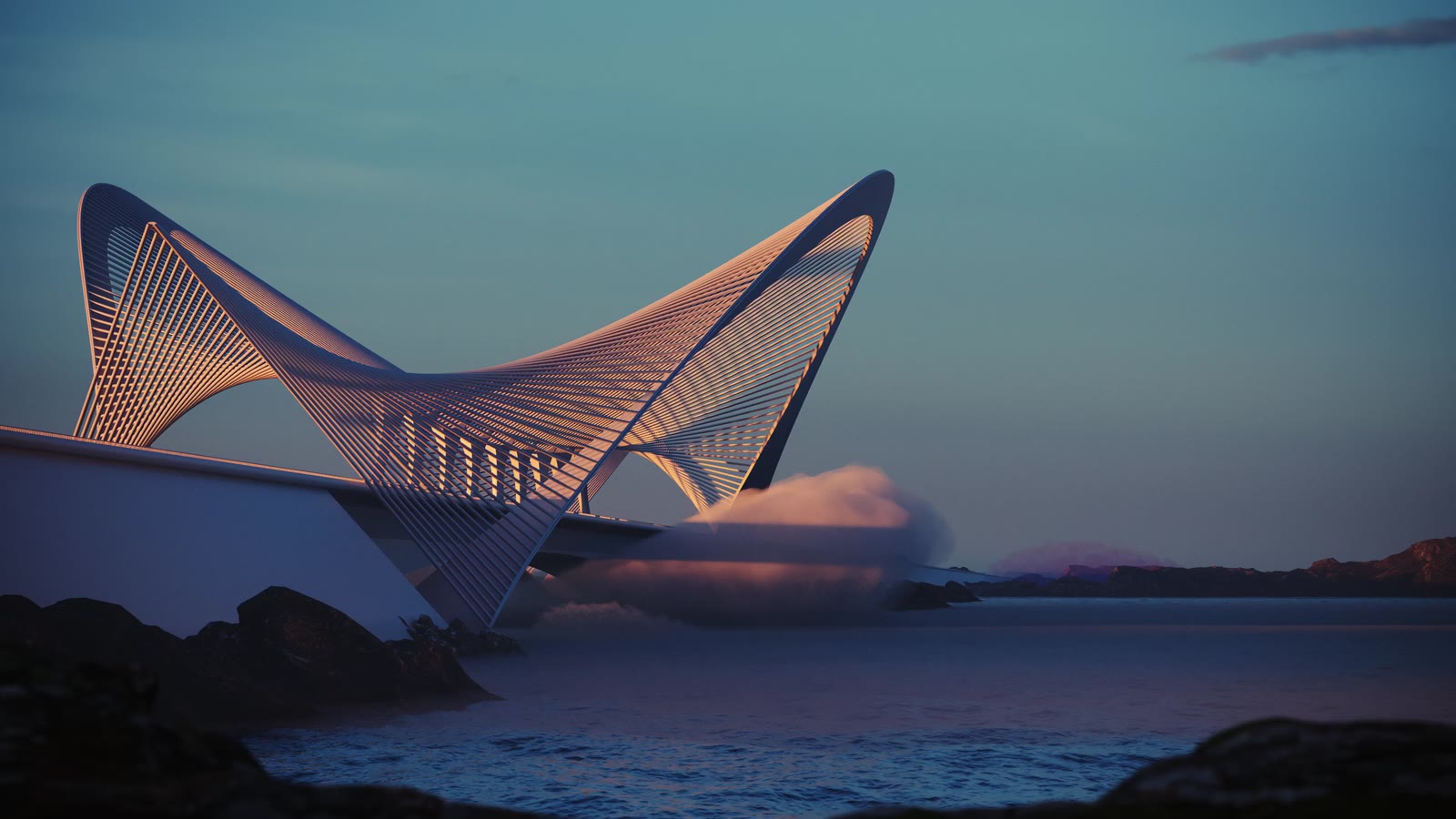 D2 Bridge — the structure seen from the shore at dusk, cloud rolling under the deck