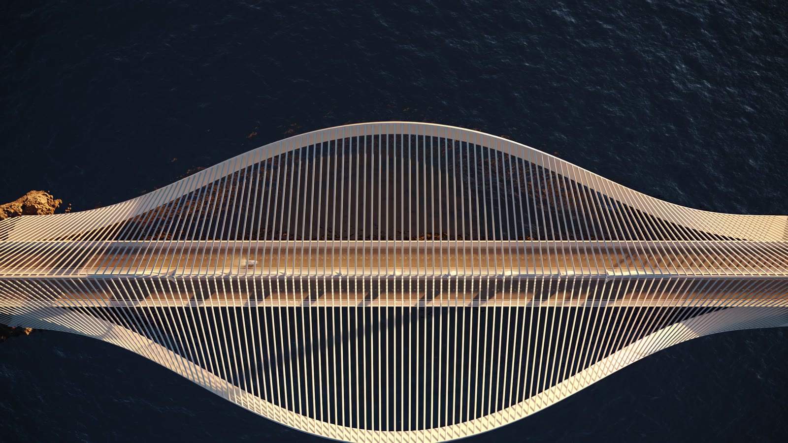 D2 Bridge — top-down aerial of the span, cables opening symmetrically over dark water