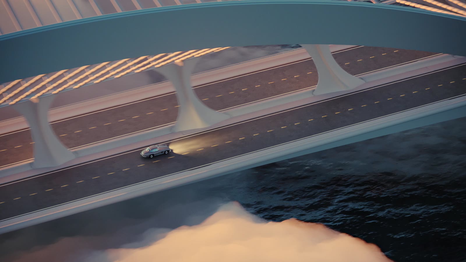 D2 Bridge — a single car crossing the empty deck, seen from under the arch