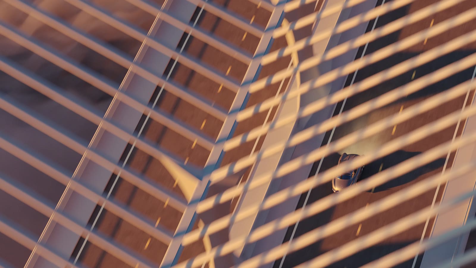 D2 Bridge — cables raking across the deck in late light, close aerial