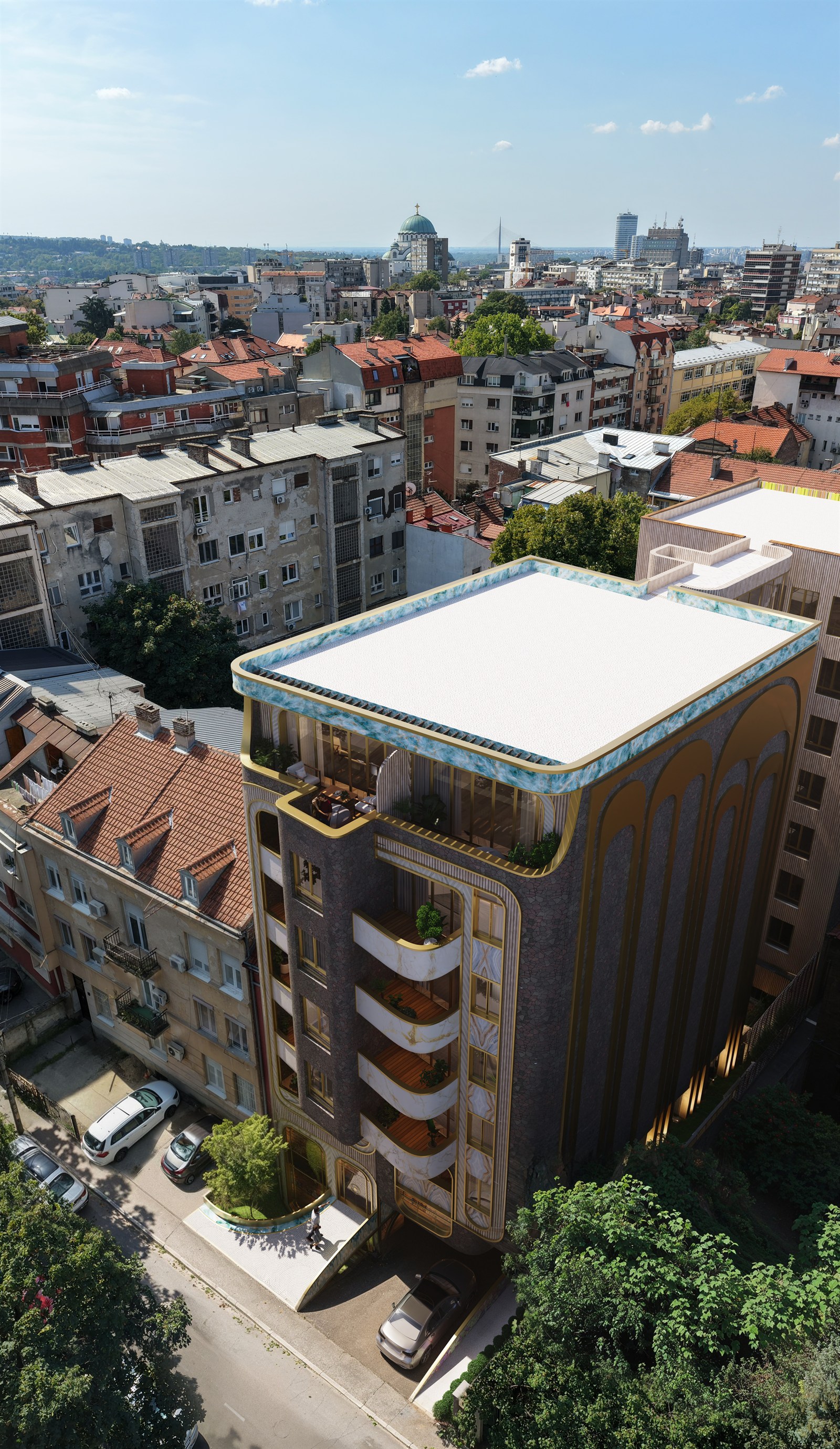 Mirage — render composited into a real drone plate of Vračar, Temple of Saint Sava in the distance