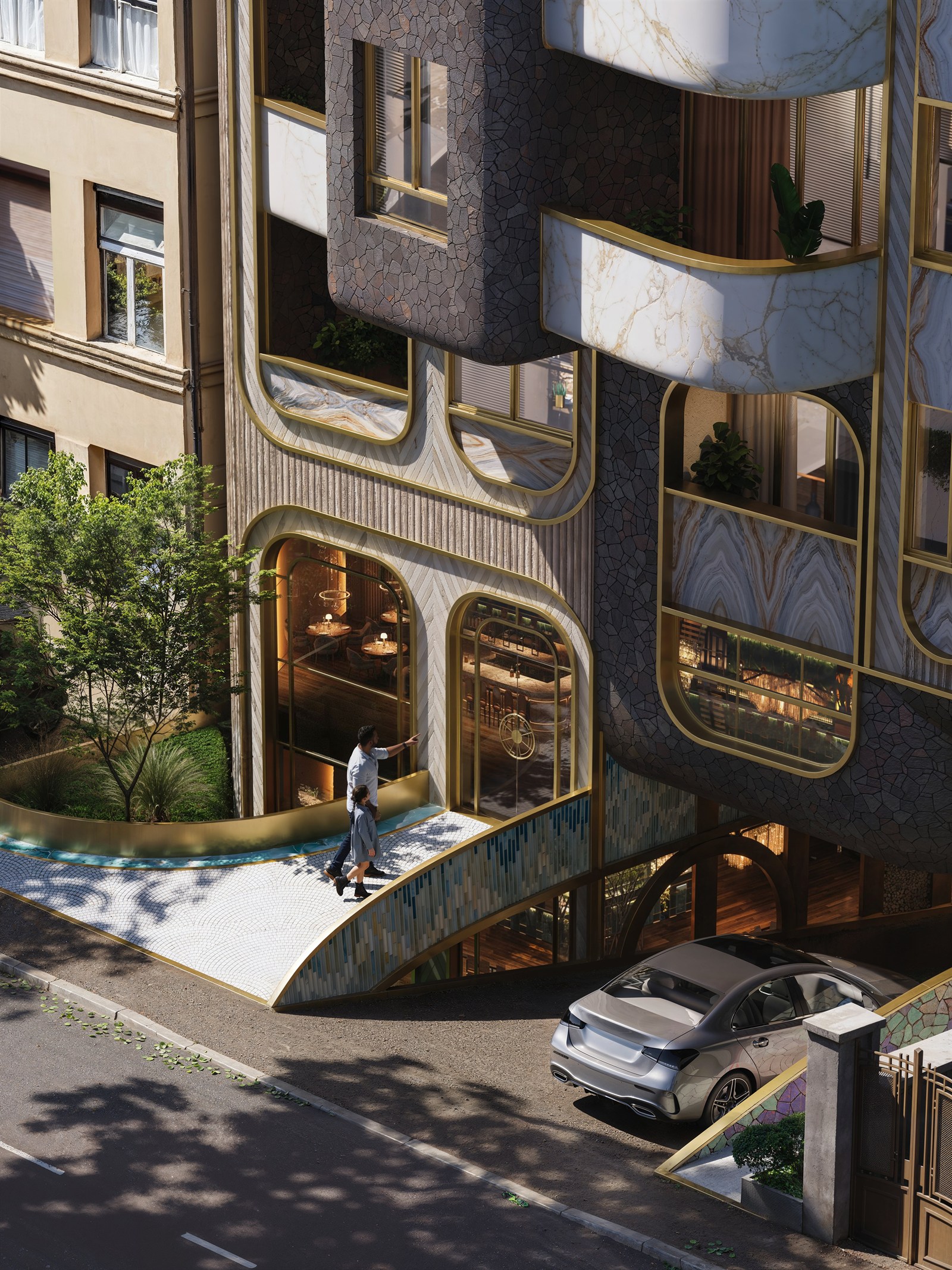 Mirage — facade detail with restaurant and entrance bridge