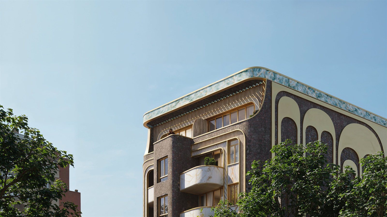 Mirage — the turquoise mosaic crown against a clear sky
