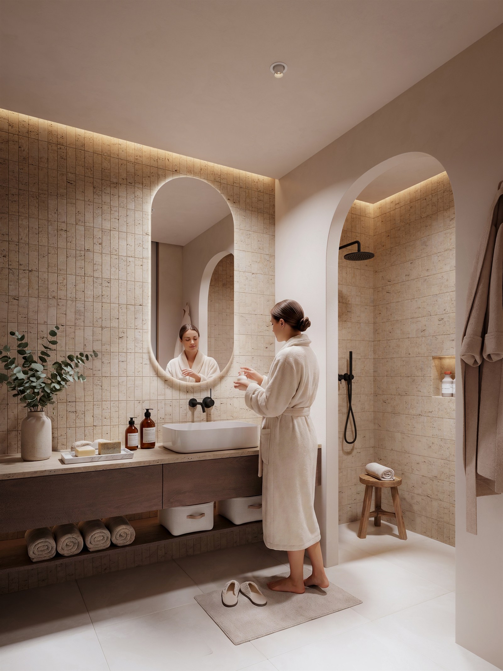 Mirage — bathroom in travertine with arched shower niche