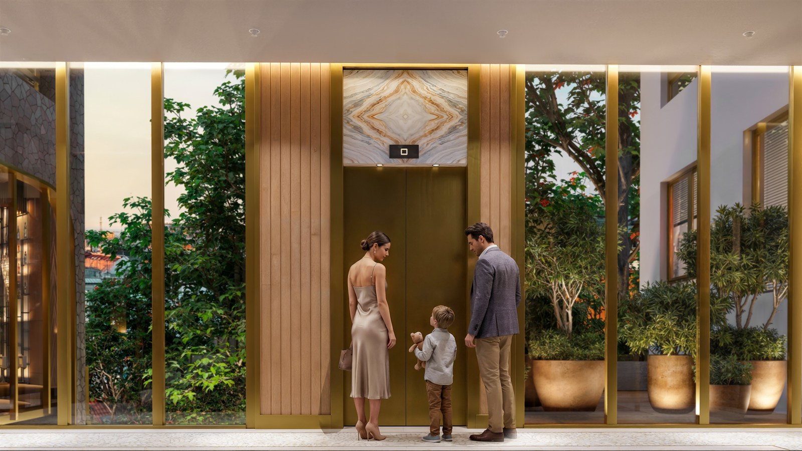 Mirage — lift area with brass doors