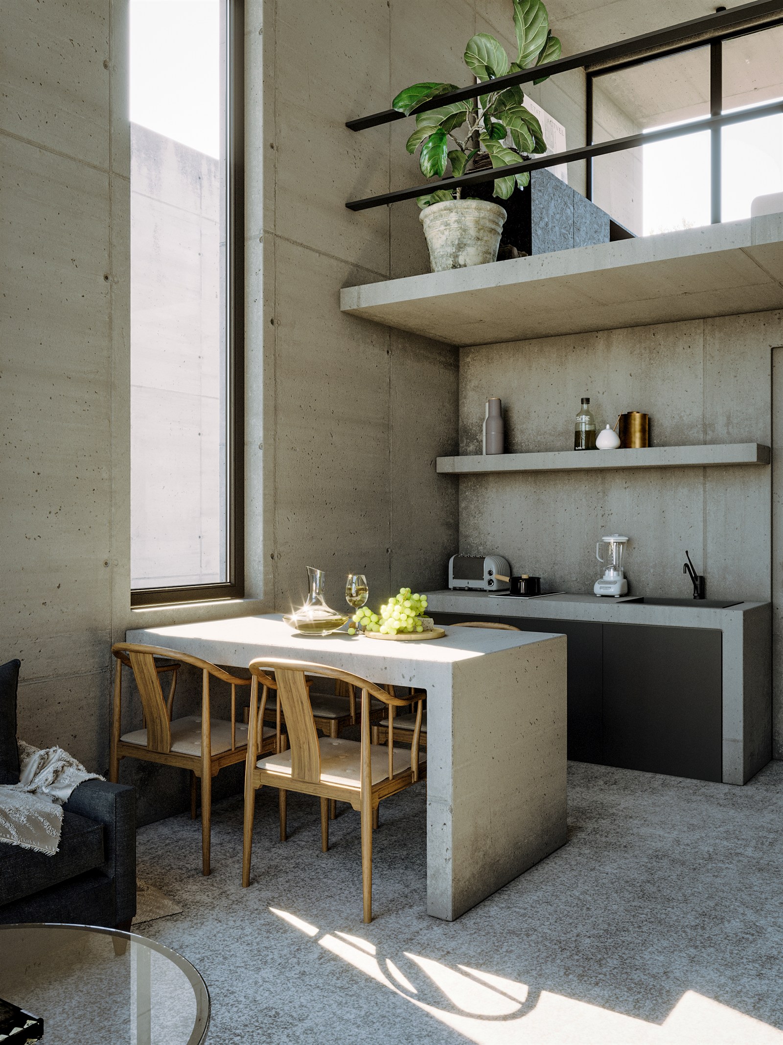 Kitchen and dining in concrete and timber