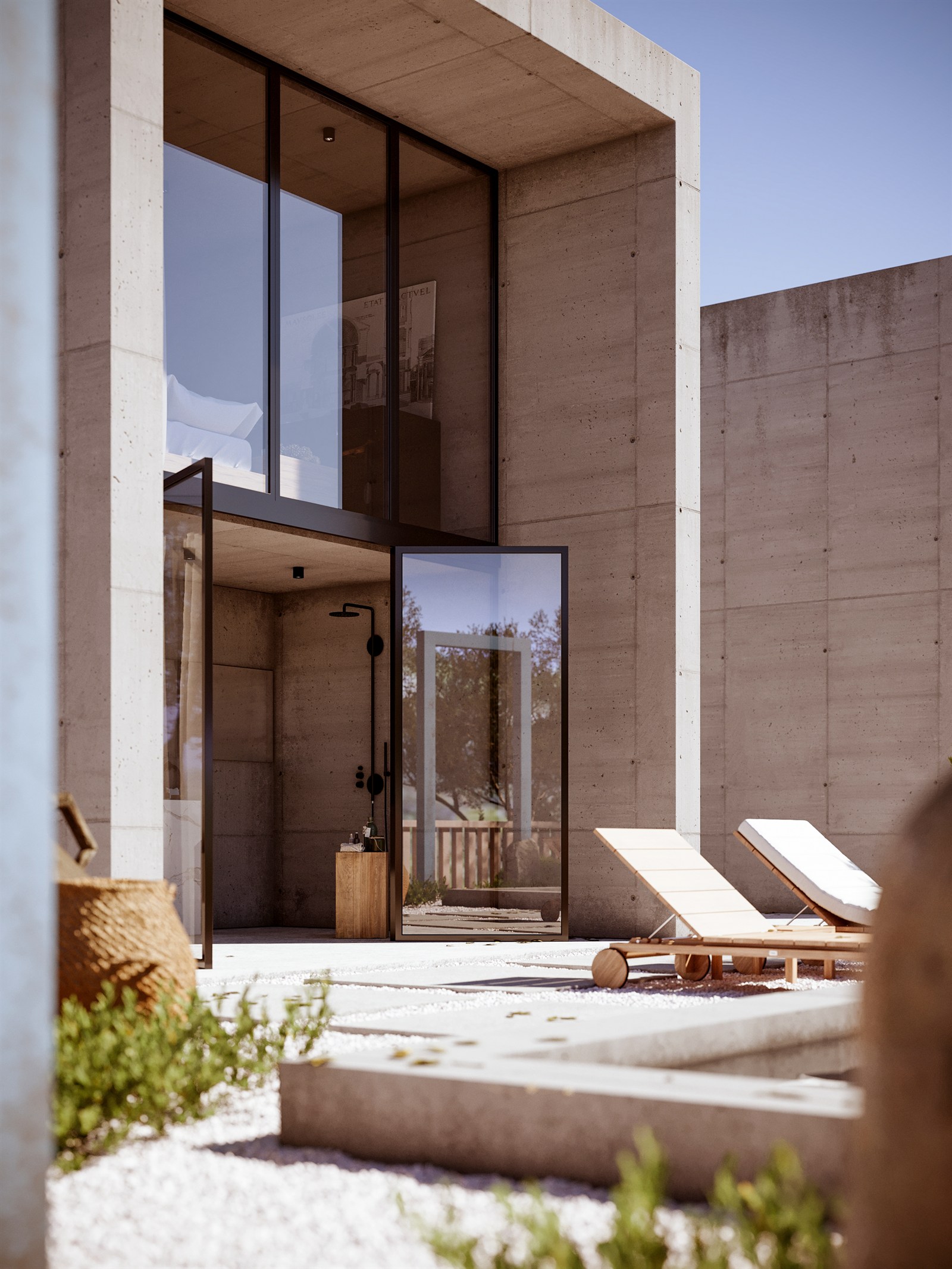 The glass door open from the outdoor shower onto the pool deck