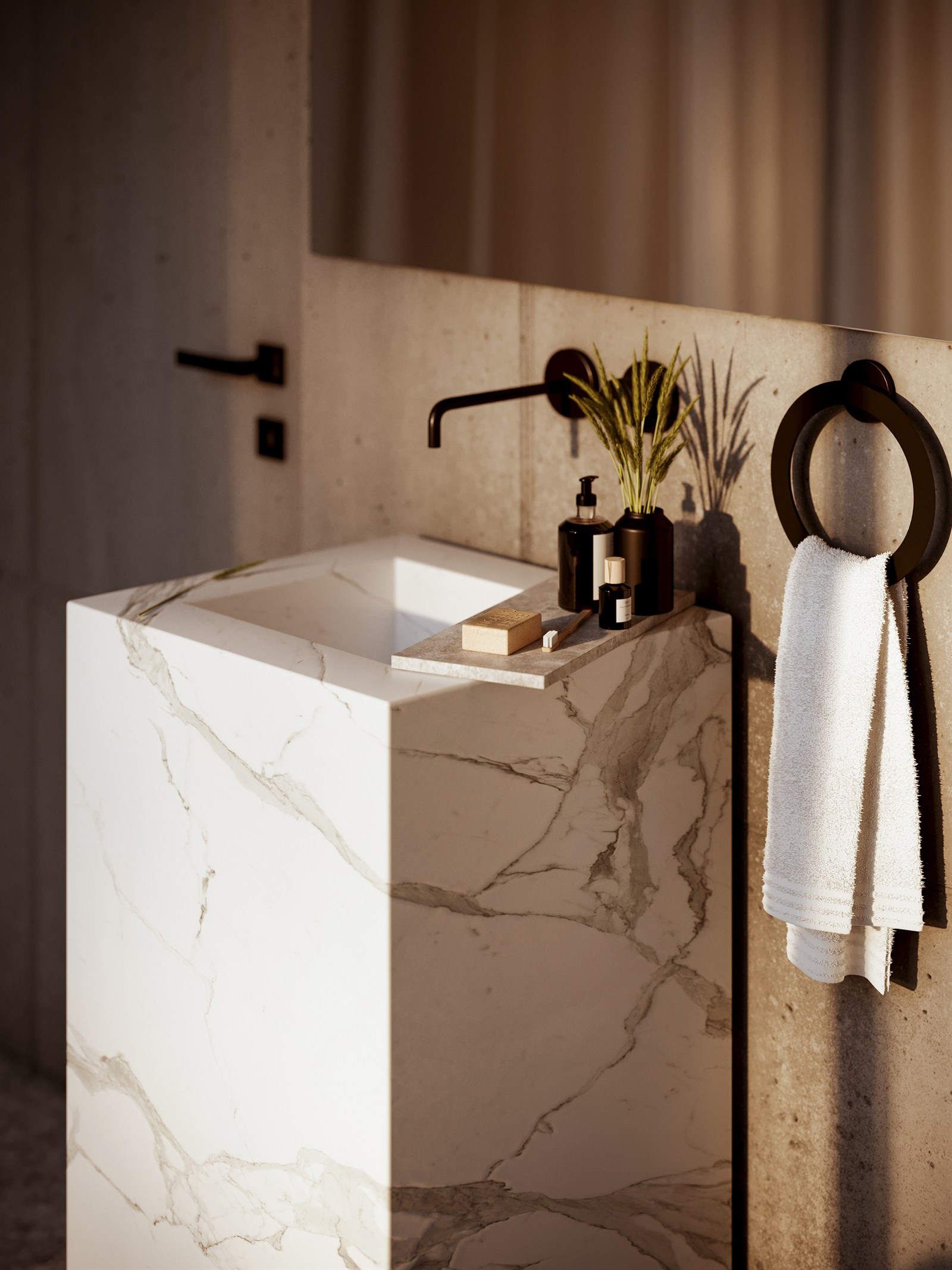 Bathroom in marble and stone, black fittings