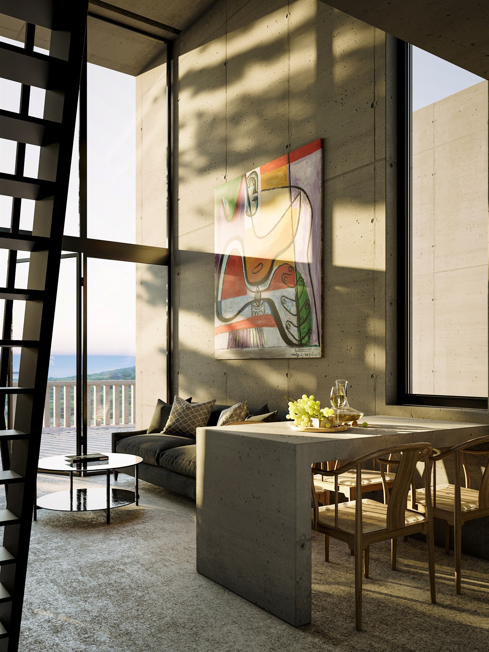 Living room open to the sea, painting on the concrete wall above the sofa