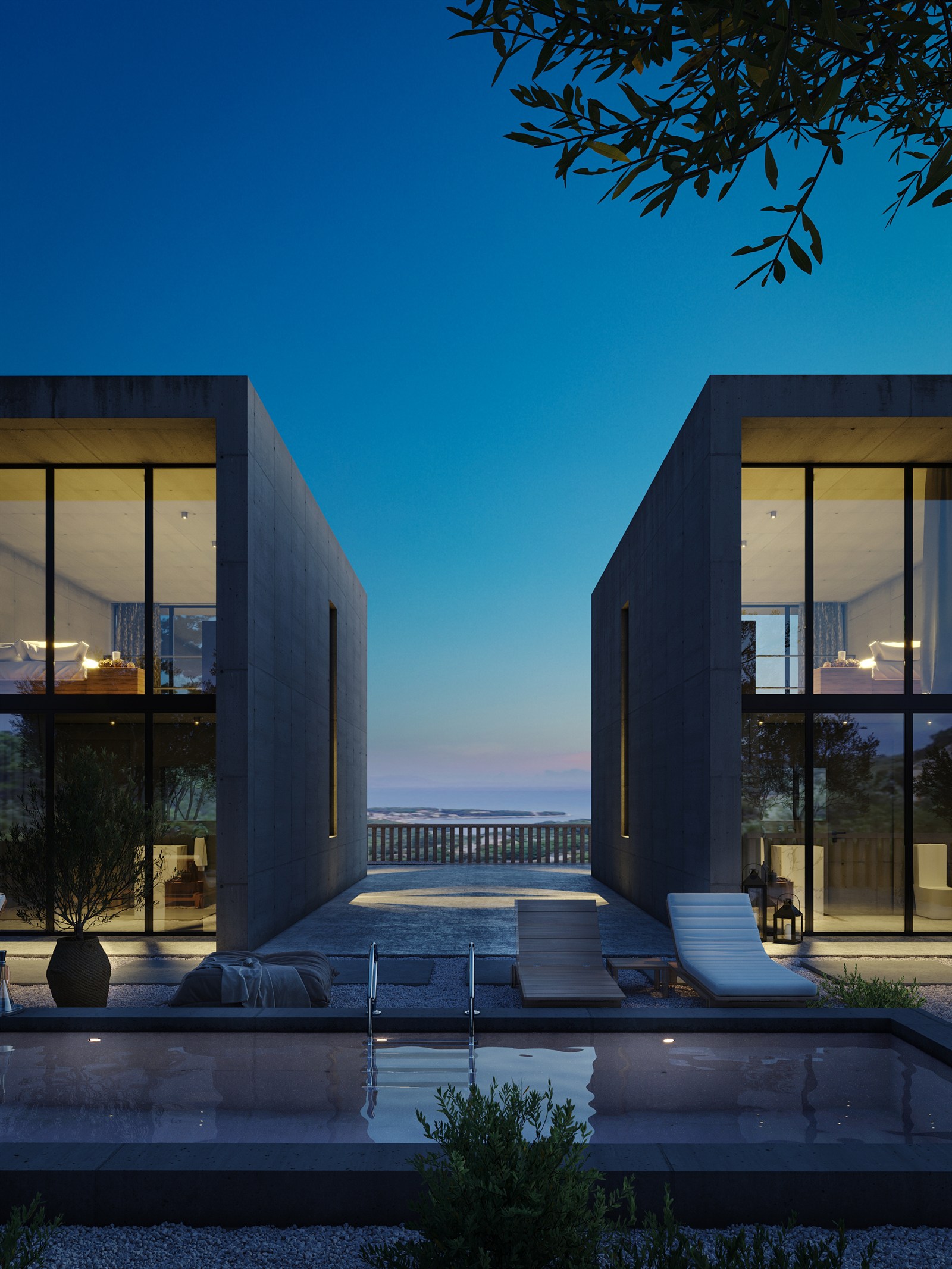 The villas at dusk, the sky still burning over the sea