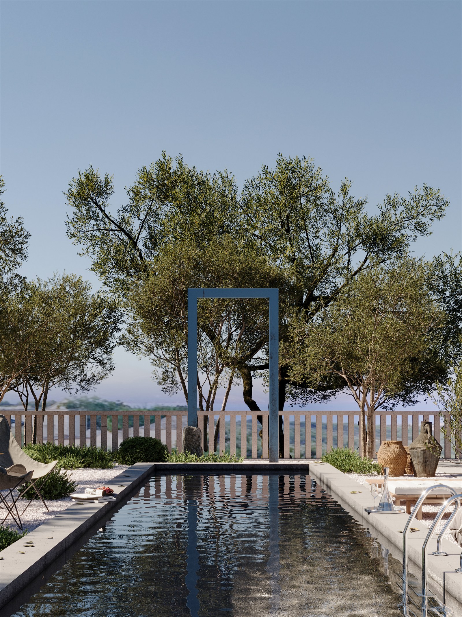 The pool terrace at midday, sea beyond
