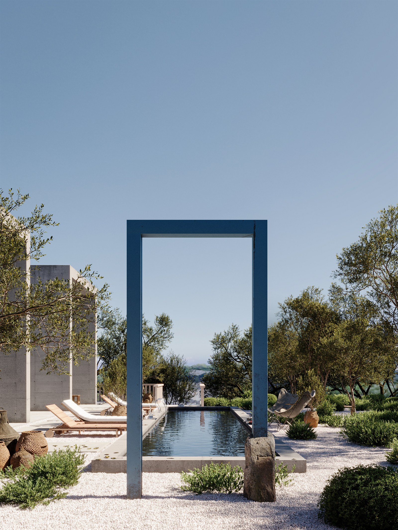 The pool cut into the terrace, the horizon beyond the portal