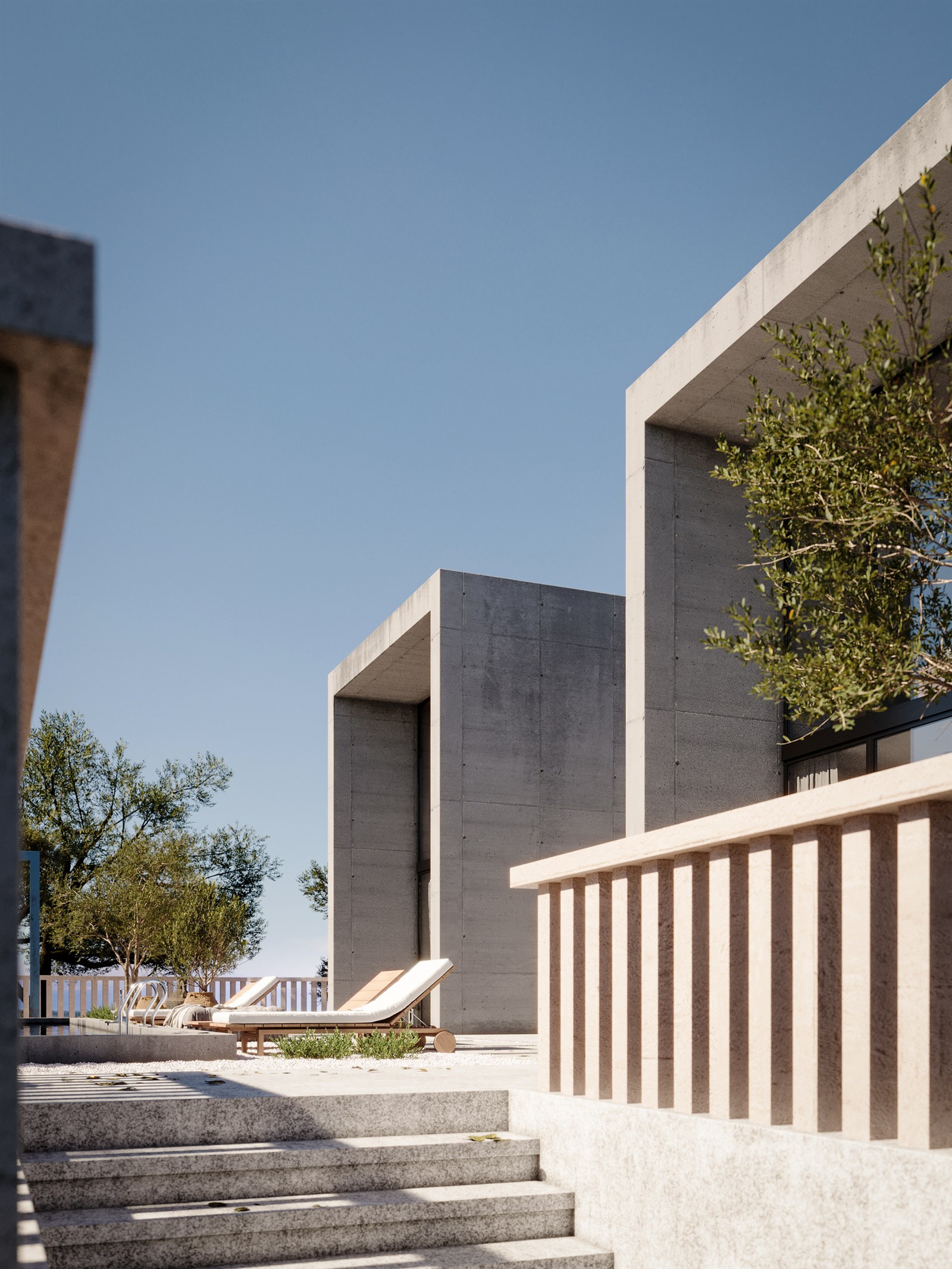 Stone volumes and the travertine balustrade above the terrace