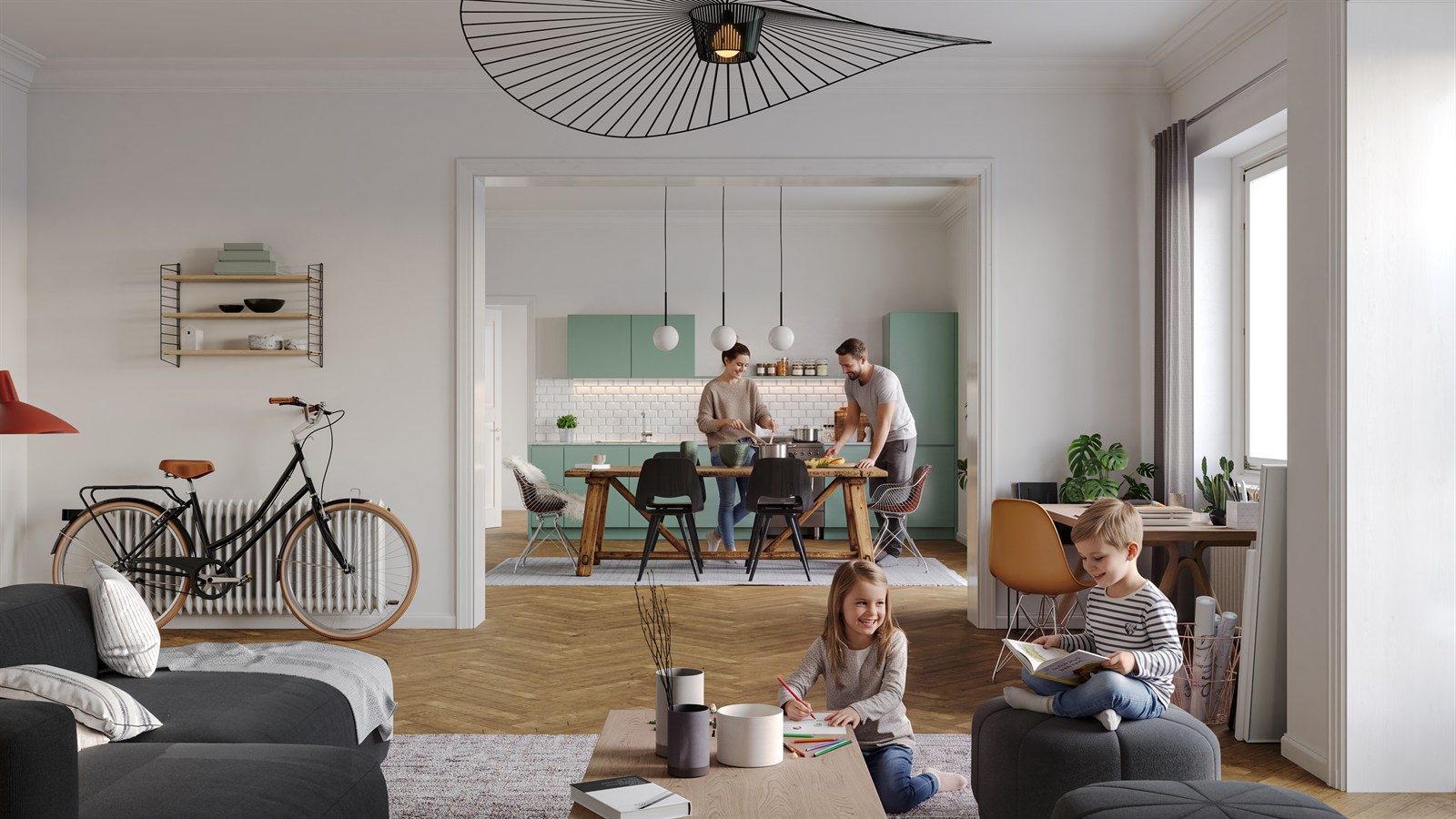 Bright apartment with mint kitchen and children playing