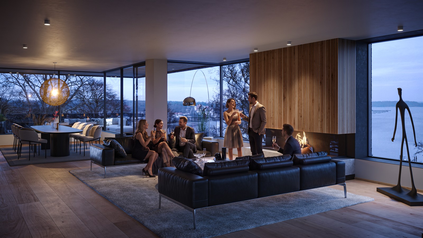 Penthouse lounge at dusk with fireplace glow and lake view
