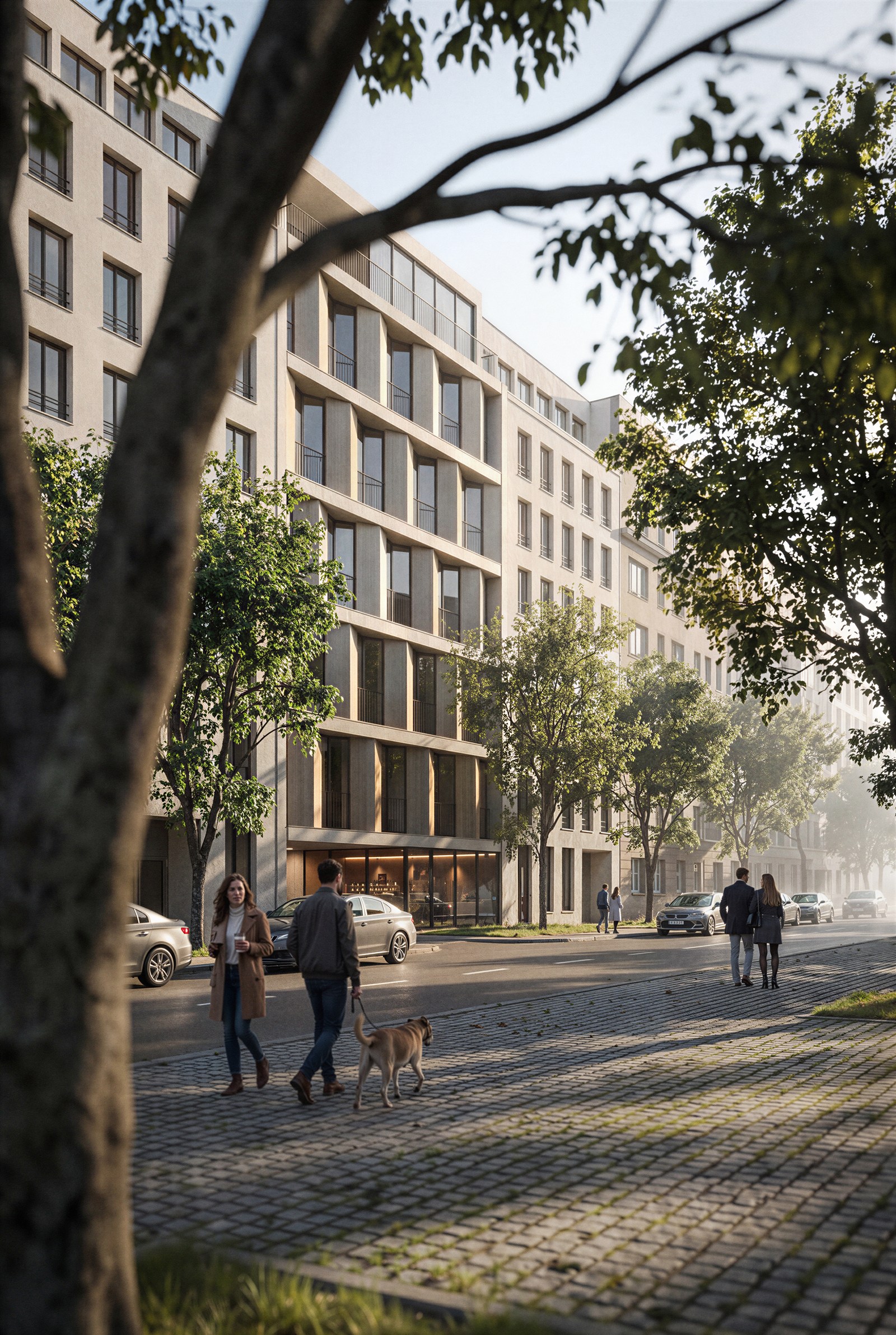 Stone-clad street facade seen through a backlit tree canopy