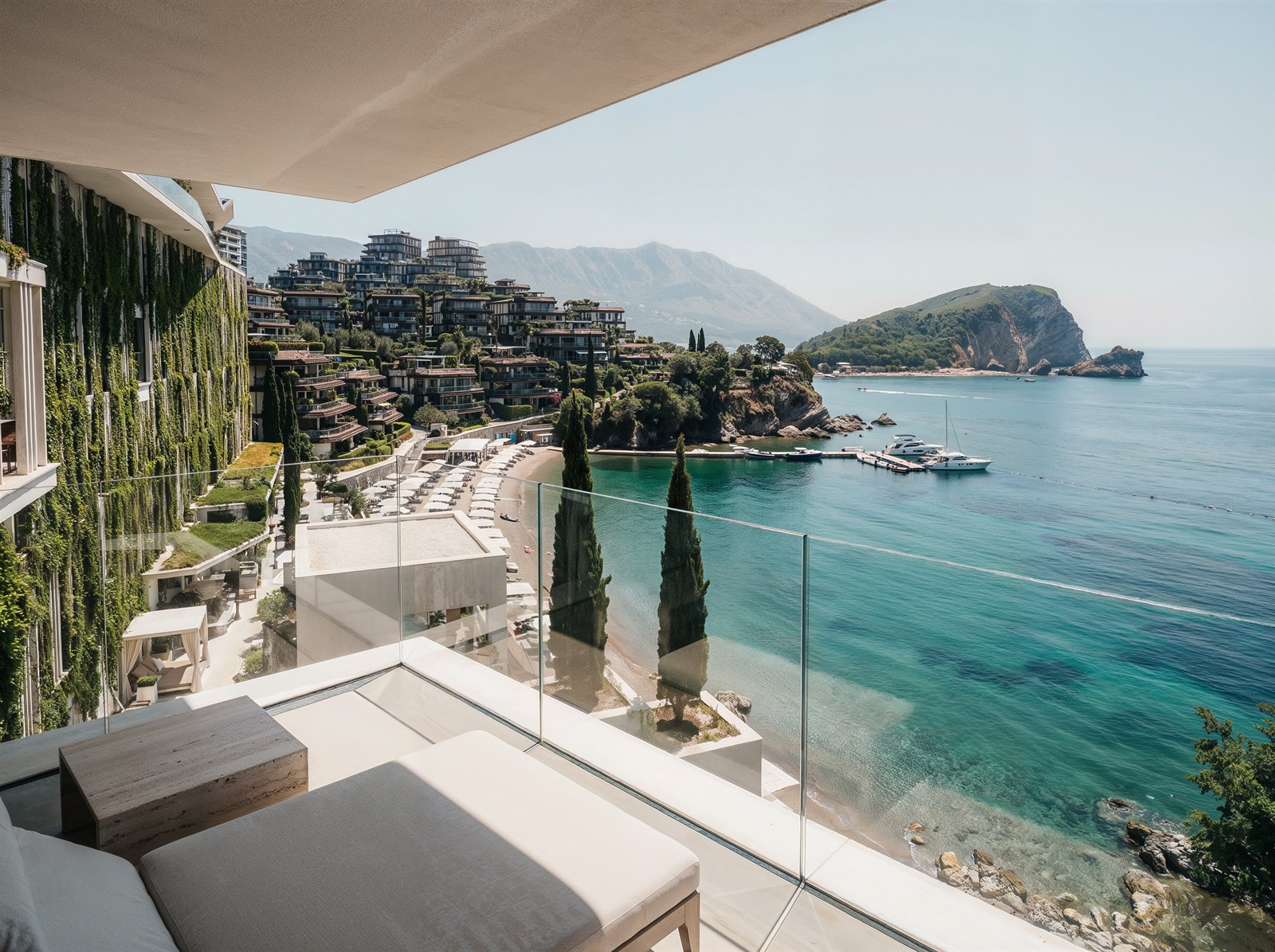 Balcony over a turquoise bay with green facade, islet and beach beyond