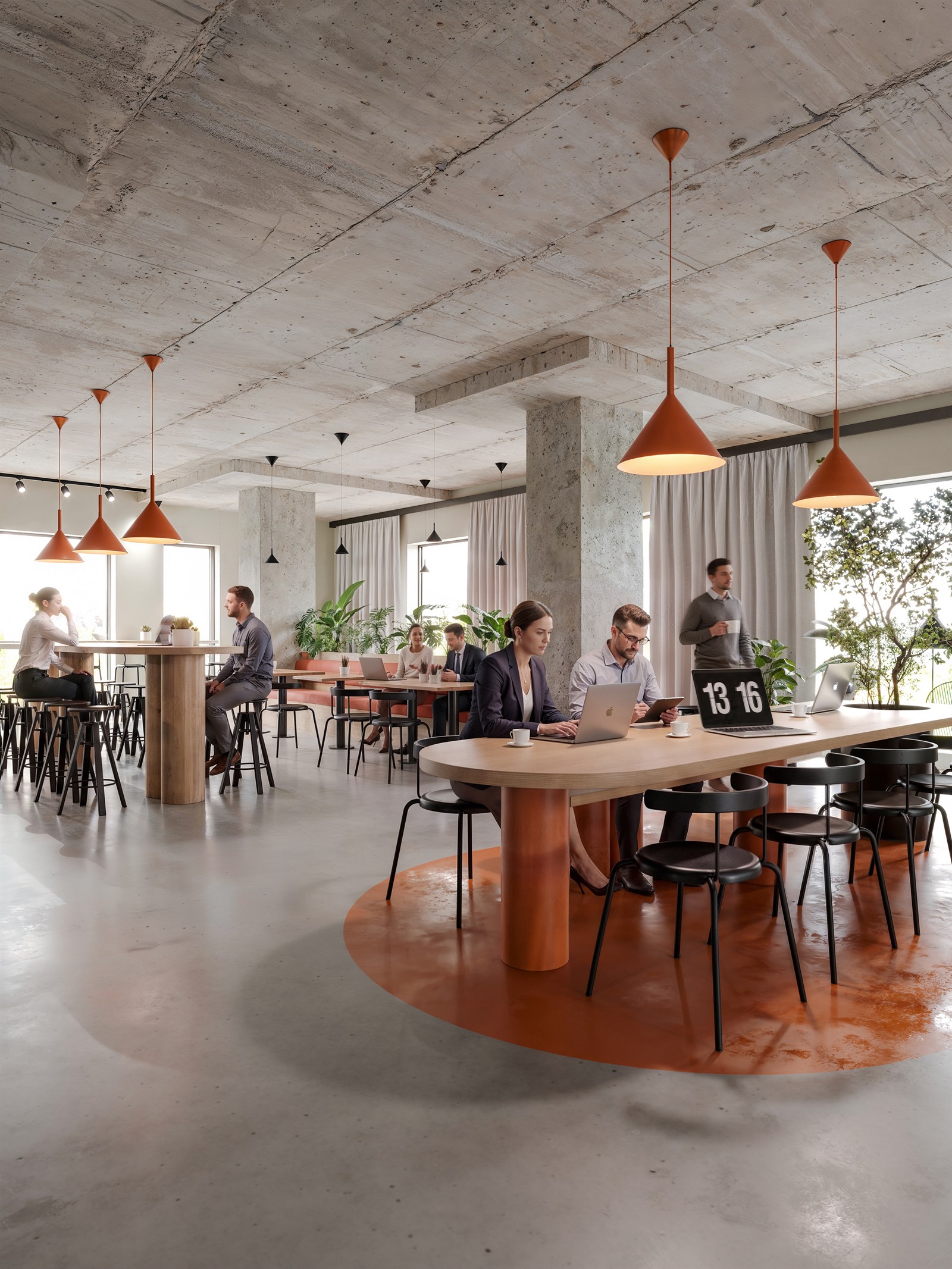 Coworking floor in concrete with terracotta pendants and painted floor disc