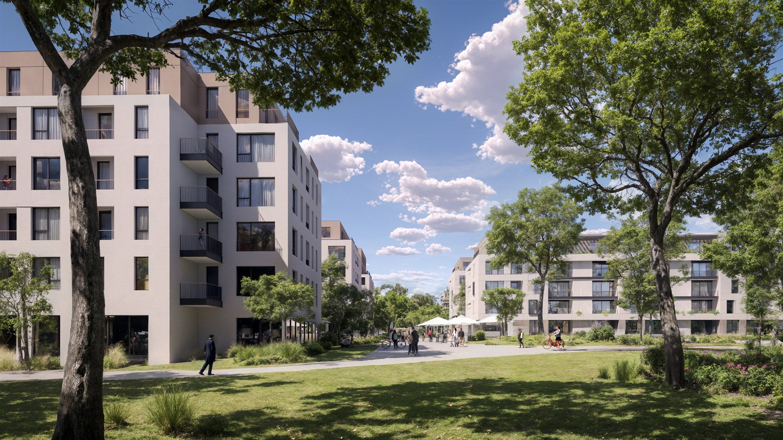 Residential courtyard park under cumulus clouds