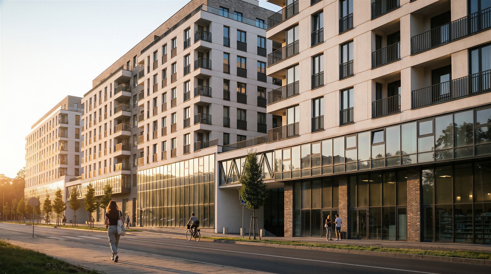 Backlit boulevard facade with a runner and long shadows
