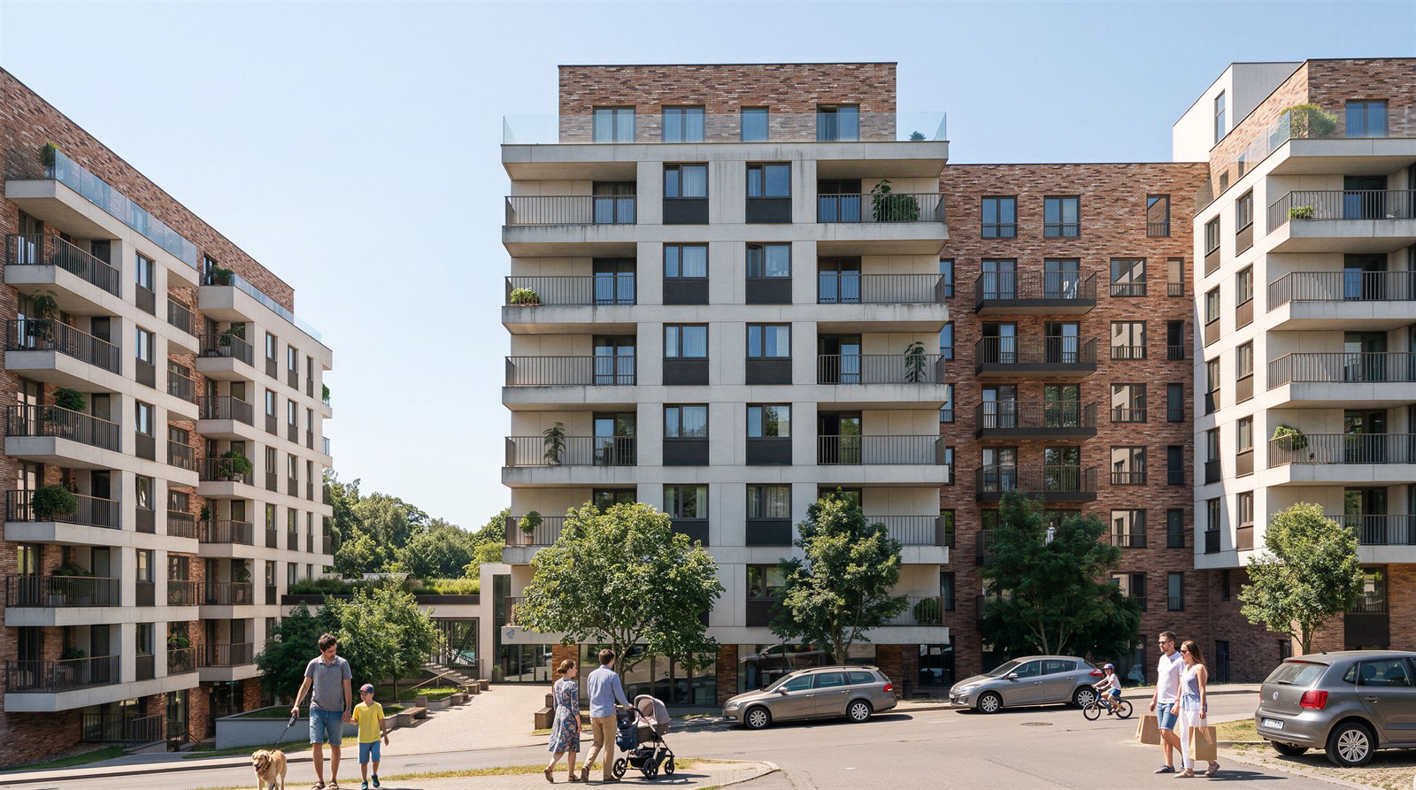 Brick and white residential blocks along the street