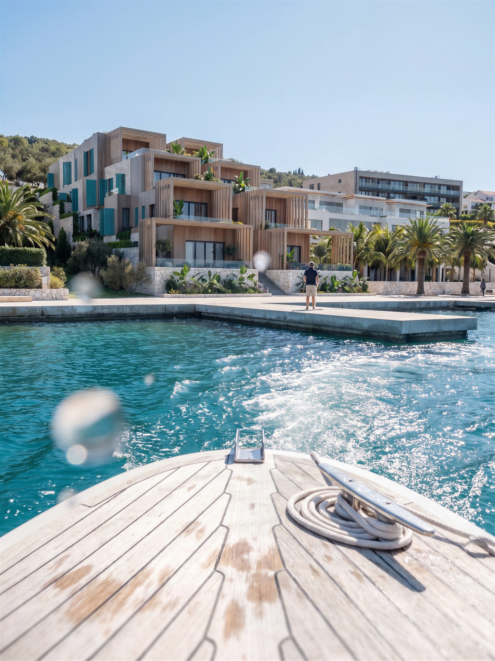 Boat bow and cleat framing waterfront villas across clear water