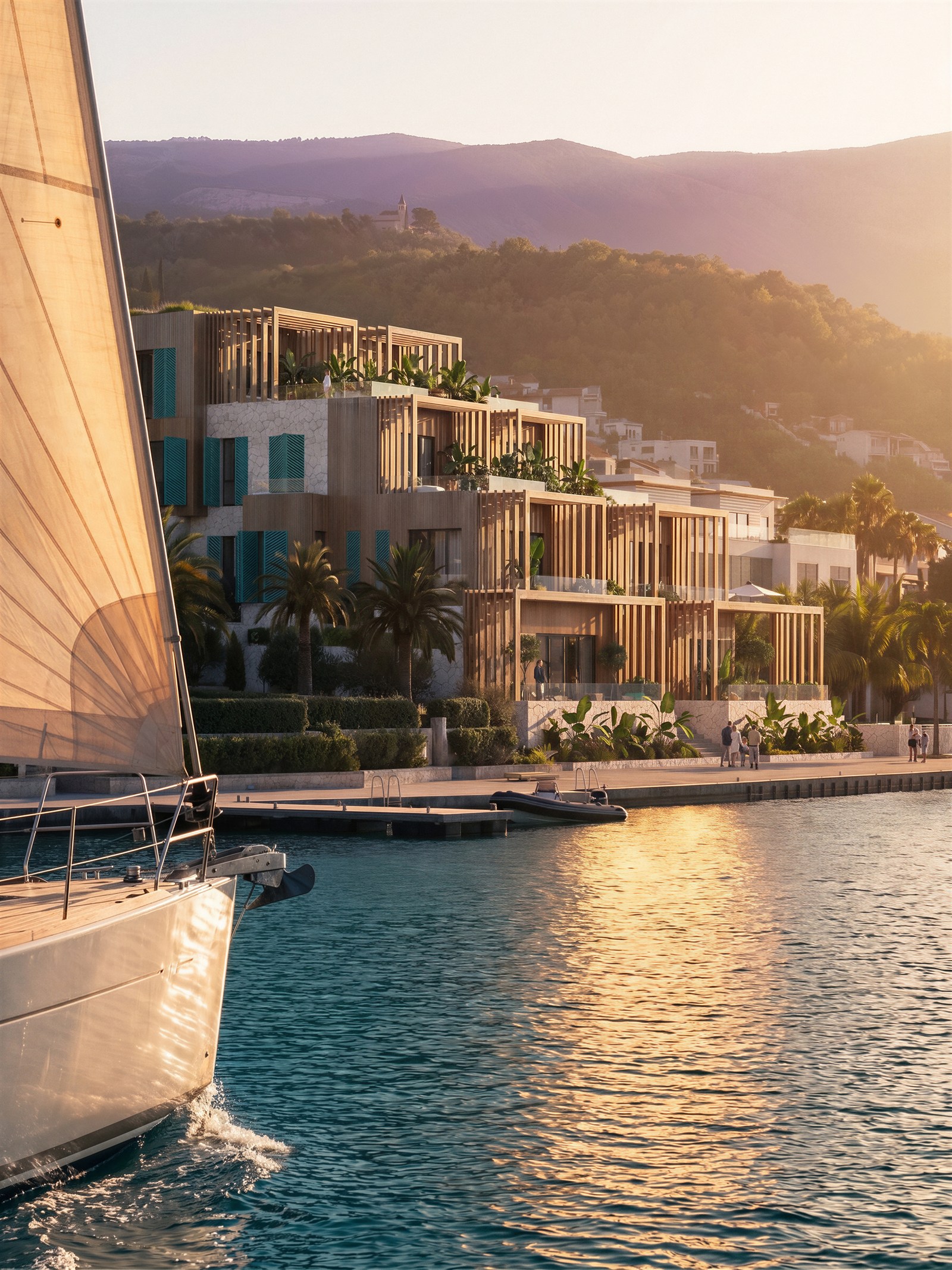 La Perla — sail crossing the frame, golden light on timber villas