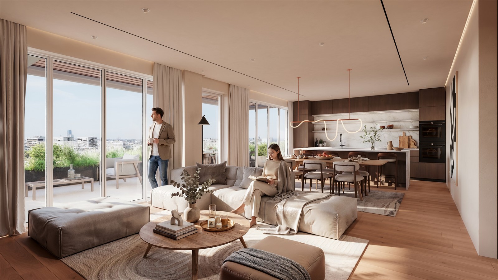 Mirage — warm open living-kitchen opening to a terrace with city skyline