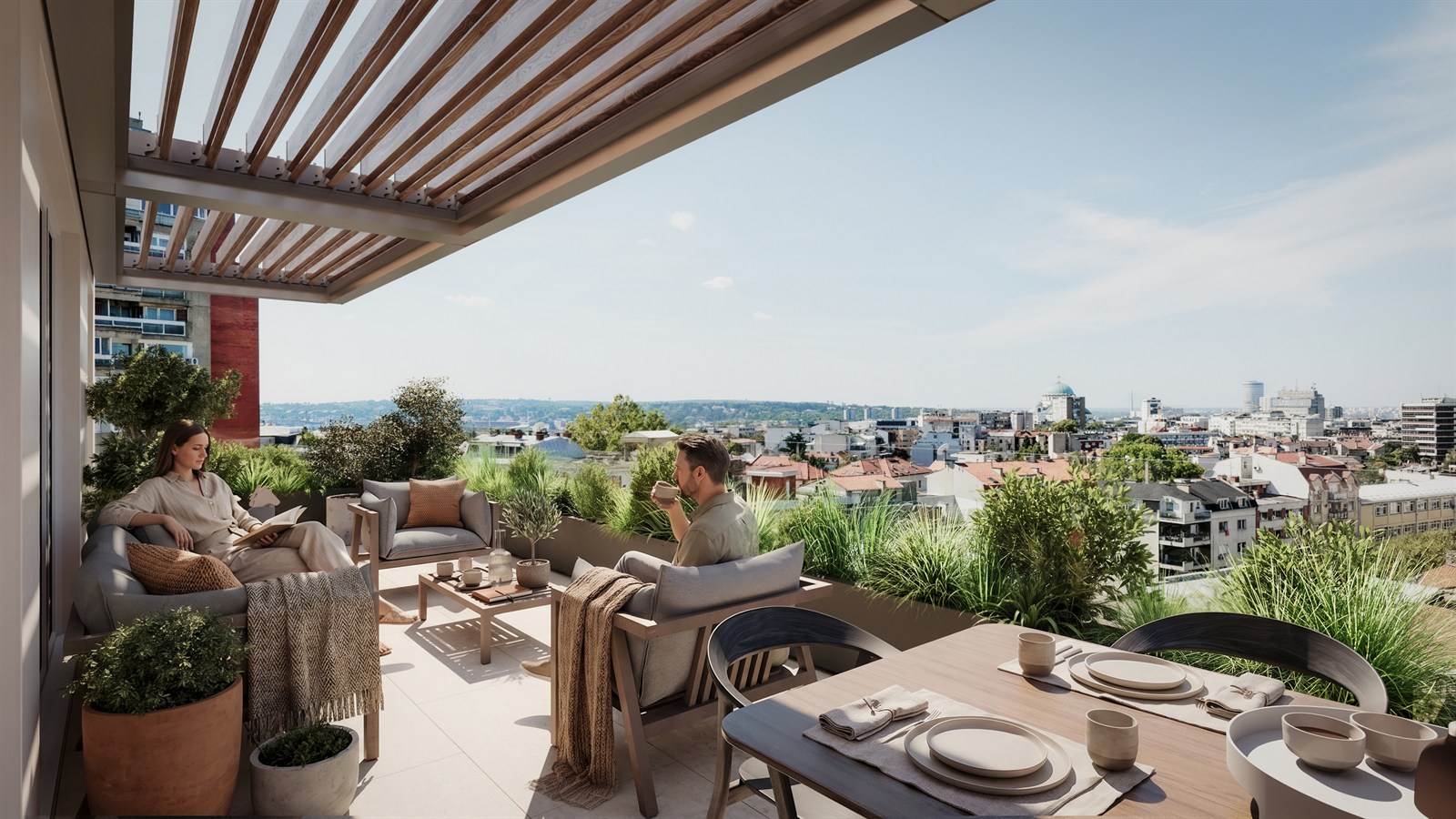 Mirage — pergola terrace with lounge and dining over a rooftop panorama