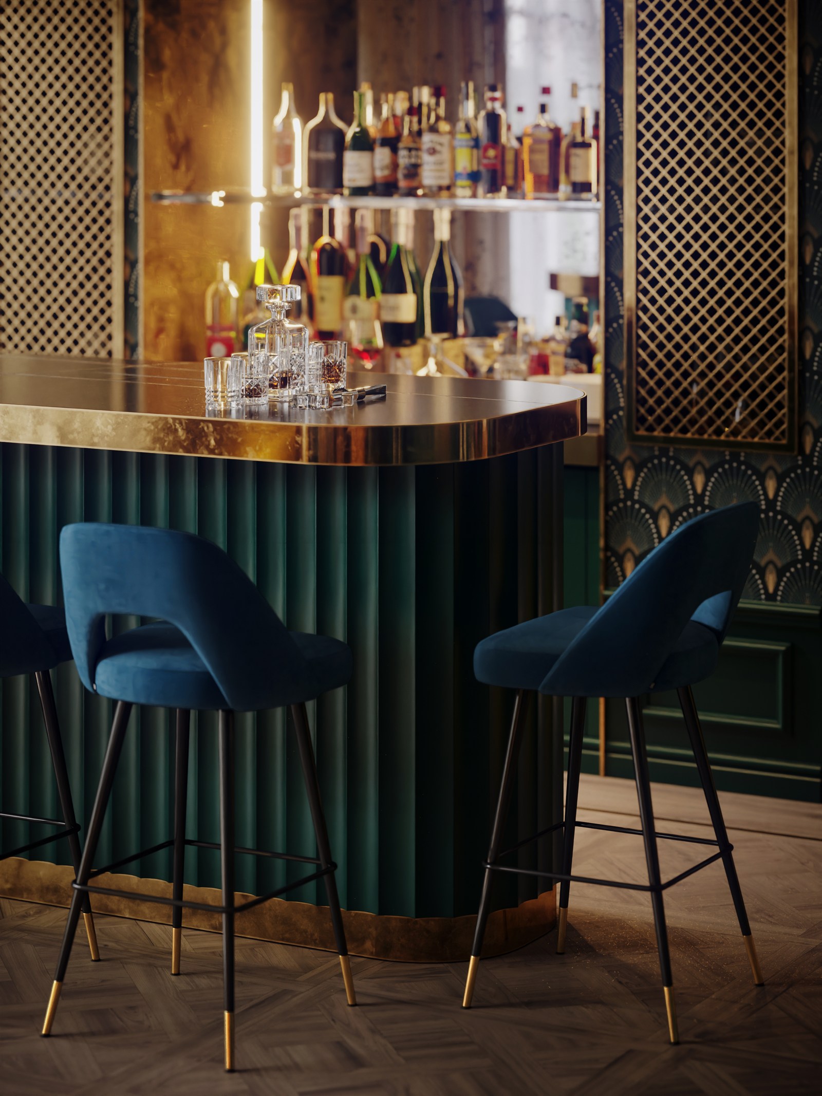 Art deco bar with brass counter and blue velvet stools at night